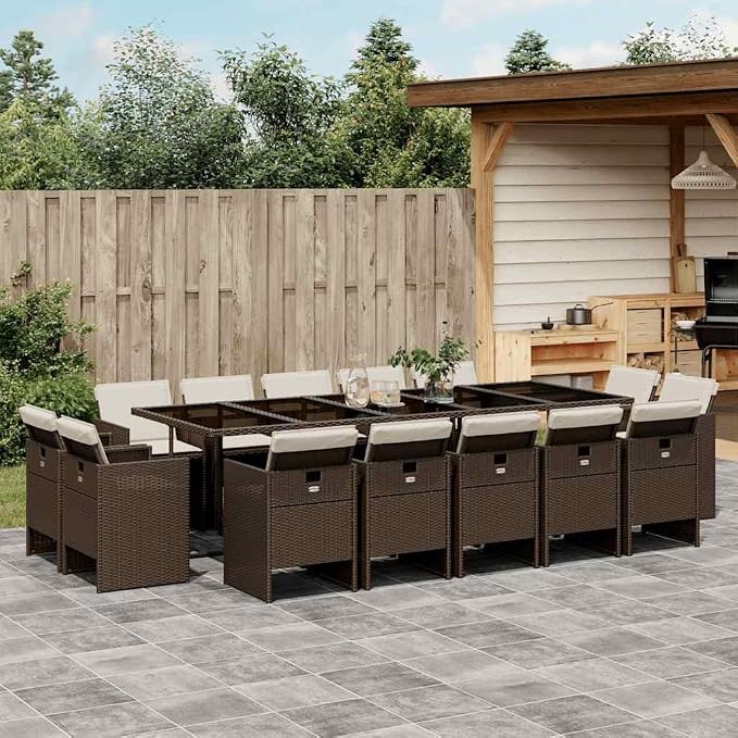 15 Piece Outdoor Dining Set with Cushions Brown Poly Rattan Patio Furniture Table and Chairs Space-Saving Cube Design for Garden Backyard