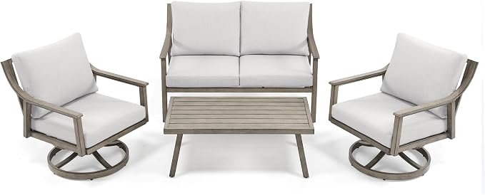 HAPPATIO 4-Piece Patio Furniture Set - Outdoor Aluminum Patio Conversation Set Includes 1 Loveseat, 2 Swivel Chairs, and 1 Coffee Table, Perfect for Porch, Deck, Garden, (Grey)