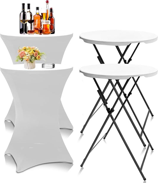 Camp Field 2 Packs Round Folding Cocktail Tables with White Covers, 32 inch High Top Highboy Bar Height Tables, Portable Pub Bistro Furniture for Weddings, Parties, Events, Indoor Outdoor