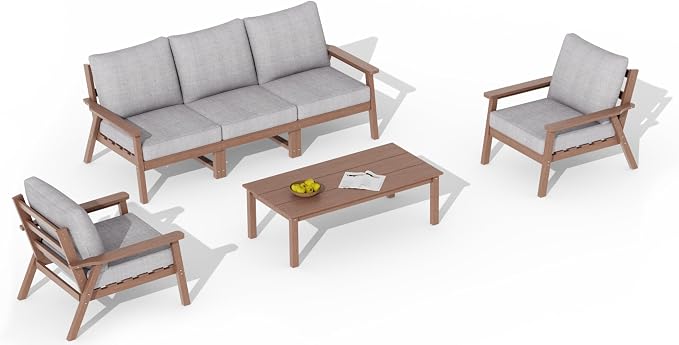 LOUNZY HDPE Patio Furinture Set, 6 Piece Sectional Sofa Outdoor Furniture Set, All Weather Outdoor Couch Set Patio Conversation Set for Deck, Lawn, Brown