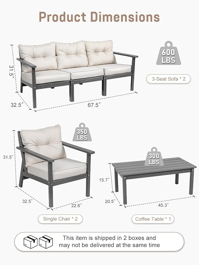 HDPE Patio Conversation Set 8 Seats, Outdoor Furniture Set, Patio Sofa Set | Water-Resistant Thick Cushion, HDPE All Weather, Wood-Grain, No Rot or Rust or Crack, UV Fade Shield, Easy-Clean for Outside