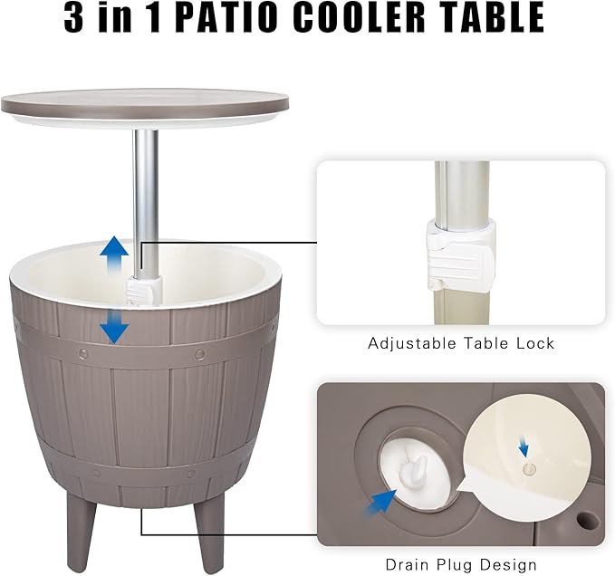 Vipush Outdoor Cooler Table - 10 Gal Adjustable Height Patio Furniture with Cool Bar for Party, Beer, Wine, Beverage - Pool Deck and Garden Decor