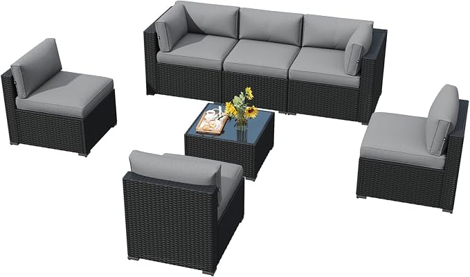 LazySunsets 7 Piece Outdoor Patio Furniture Set with Coffee Table, Outdoor Patio Furniture Sets with 4'' Thicken Cushion, Wicker Rattan Outdoor Conversation Set for Backyard, Light Grey