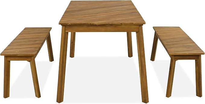 3-Piece Acacia Wood Patio Dining Set with Table and 2 Benches | Weather-Resistant Outdoor Furniture for Backyard, Garden, Deck or Balcony, Seats 4-6 with Rounded Edges and Foot Pads