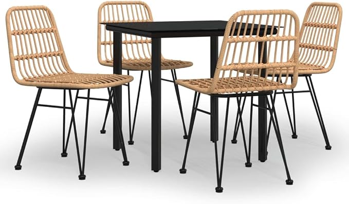 5 Piece Patio Dining Set with Poly Rattan Chairs and Tempered Glass Table, Modern Garden Furniture for Outdoor Backyard Balcony
