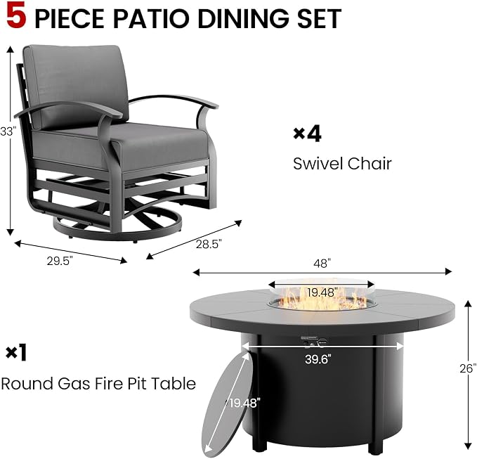 5 Piece Aluminum Outdoor Patio Furniture Set with 48" Round Propane Fire Pit, Outdoor Dining Table Set with 4 Aluminum Swivel Chairs, Outdoor Furniture Set with Fire Pit for Porch, Balcony, Grey