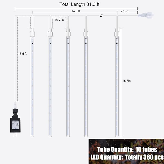 Meteor Shower Lights Outdoor,16 Inch 10 Tube 360 LED Icicle Christmas Light | Waterproof Meteor Christmas Lights Outdoor, Connectable Hanging Falling Rain Light for Tree Bushes Holiday Decoration, Blue
