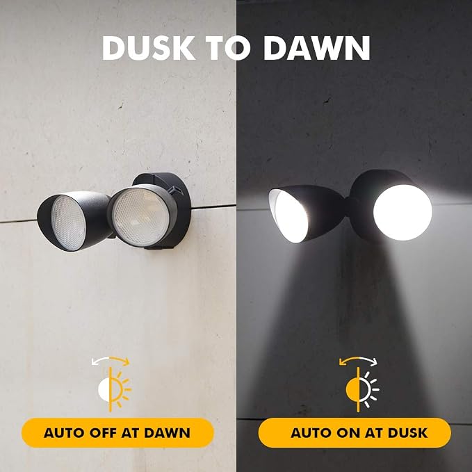 LUTEC 6222B-D2D 3500 Lumen 32 Watt Dusk to Dawn Dual-Head Flood Light Outdoor Waterproof Exterior Security Floodlight Light, Full Metal Design for Patio, Garden, Yard-Black