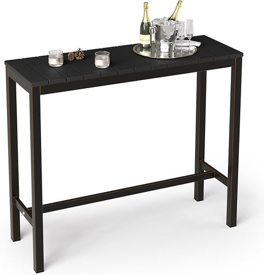 Cozyman Outdoor Bar Table, 45" Patio Bar Height Counter Console Table, Black Waterproof HDPS Slatted Top and Bronze Leg, Weather Resistant, Hot Tub, Balcony, Yard, Indoor or Outdoor Use