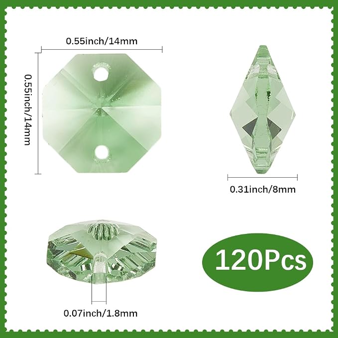 1 Box 120Pcs 14mm Crystal Glass Octagon Beads 2 Hole Prism Bead Bulk Pale Green Chandelier Replacement Connector Suncatcher Faceted Spacers for DIY Lamps Hanging Ornament Pendant Jewelry