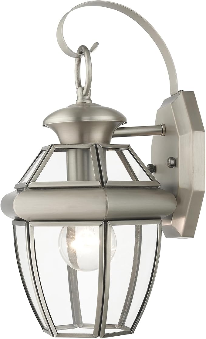 Livex Lighting 2051-91 Monterey 1 Light Outdoor Brushed Nickel Finish Solid Brass Wall Lantern with Clear Beveled Glass | Clear Beveled Glass; Solid brass construction