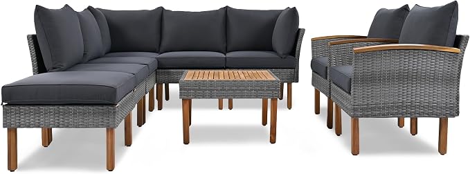 VilroCaz 9-Piece Outdoor Patio Sectional Sofa Set, PE Rattan Conversation Sofa Set with Acacia Wood Legs, Modern All Weather Outdoor Garden Furniture Set with Comfortable Cushion and Coffee Table