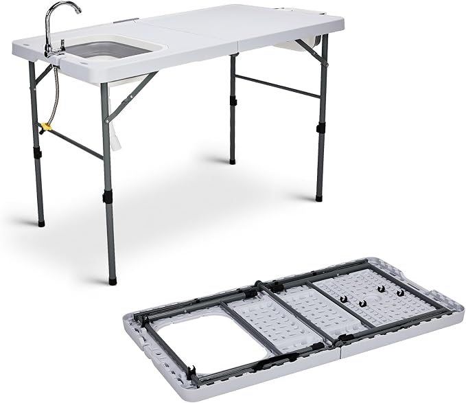 Vasitelan Folding Fish Cleaning Table,Folding Camping Kitchen Table with Sink & Sprayer,Collapsible wash Basin,Outdoor Sink Station with Hose, Camping Sink