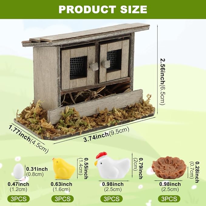 Fairy Garden Mini Chicken Coop Decor, 13-Piece Farm Scene Set | Includes 1 wood coop 3 hens 3 chicks 3 eggs 3 nests, doors open and close, store pieces together to avoid loss