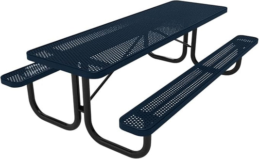 COATEDOUTDOORFURNITURE Heavy-Duty Portable Outdoor Picnic Table, Thermoplastic Coated Punched Steel Commercial-Grade Patio Dining Furniture Made in America (8ft Rectangular, Dark Blue)