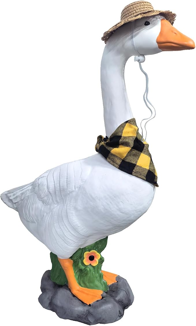 PARTYGEARS 23" Porch Goose Statue with Accessories, Hollow Plastic Garden Decor, Adjustable Neck, Sand-Fillable Base with Straw Hat & Yellow Scarf – Outdoor Decorations for Yard, Lawn Decor