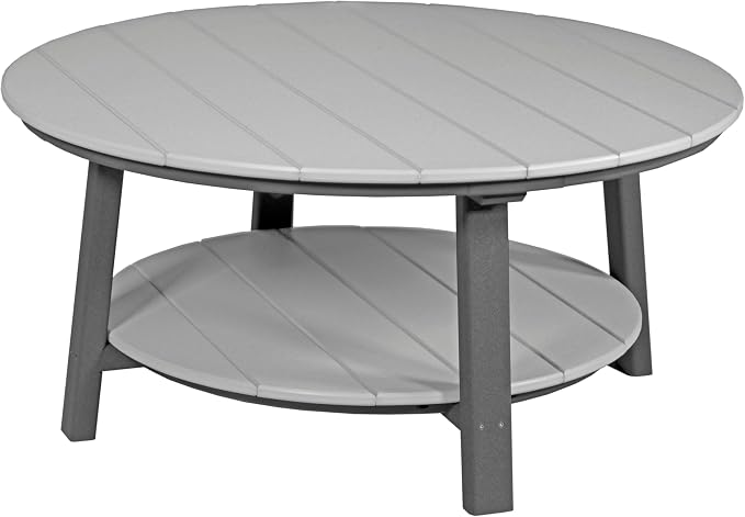 LuxCraft Deluxe Poly Round Outdoor Coffee Table, Two Tier Coffee Table, Round Conversation Tables for Outside Patio with Lower Shelf - Amish Made in USA (Dove Gray & Slate)