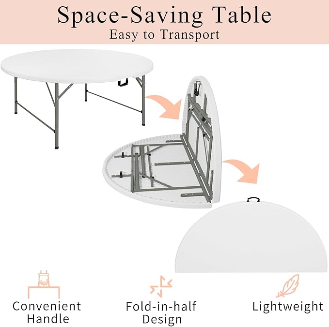 6 FT Round Folding Tables with Carrying Handle 72 inch Heavy Duty Portable Plastic Commercial Table Steel Legs for Party, Dining, Wedding, Events, Picnic Indoor, Outdoor (White,1 Pack)