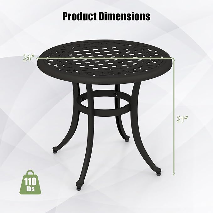 Tangkula 24 Inch Patio Side Table, Cast Aluminum End Table with Adjustable Footpads, Outdoor Small Coffee Table, Round Metal Patio Table for Poolside, Backyard, Balcony (1, Black)