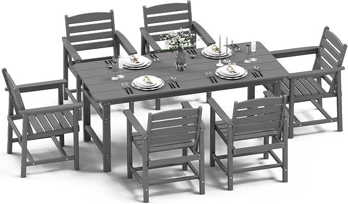 FOOWIN Outdoor Table and Chairs Set 7-Piece HDPE All Weather Patio Dining Set with Umbrella Hole,Outdoor Patio Furniture Dining Set for 6,Patio Kitchen Table Set for Garden,Backyard,Poolside Grey