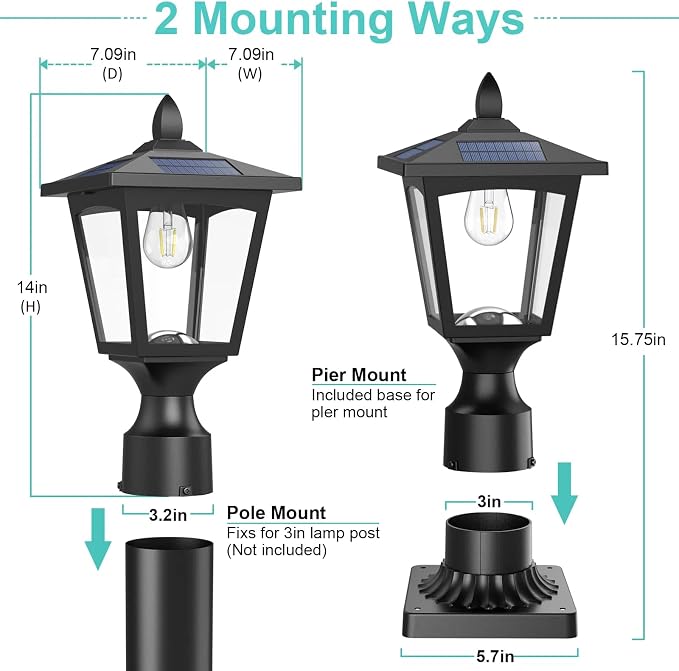Solar Post Lights, 6000K Dusk to Dawn Solar Lamp Post Light with Pier Mount Base, Solar Post Lights Outdoor Waterproof for Garden Yard Landscape Pole Pillar, Outside Decorative Lamp(Cool White)