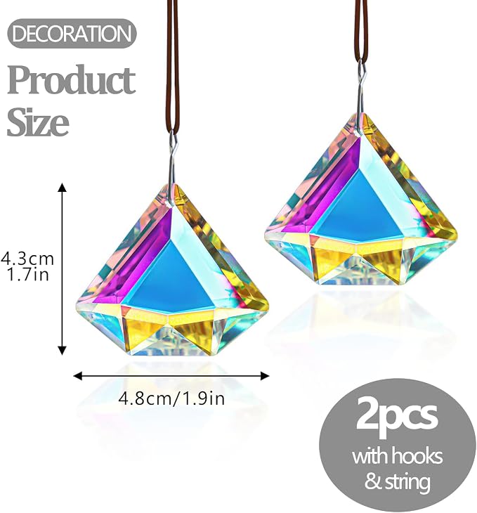 2 Pcs 1.9 Inch AB Crystal Prism Suncatcher Window Decor | AB Colored Crystal Prisms Sun Catcher Set of 2 Hanging Pendants for Window Indoor Home Garden Decor Rainbow Maker