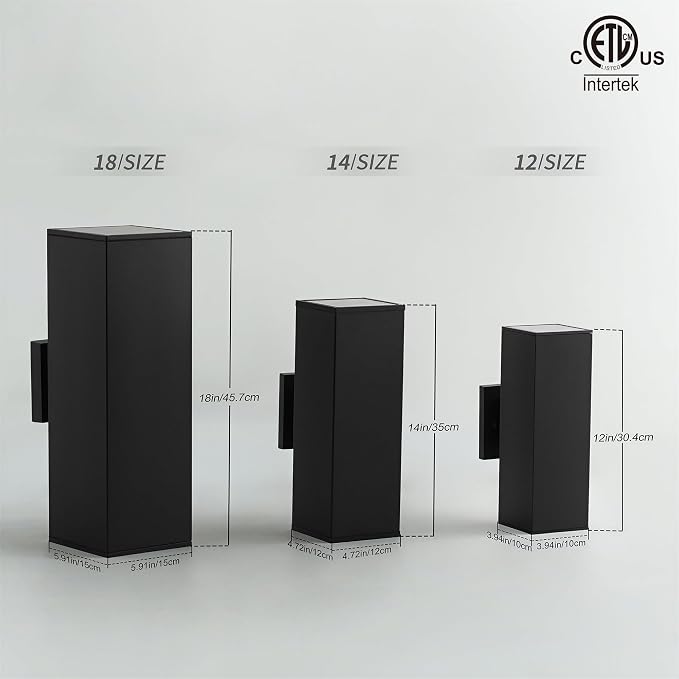 mirrea 12" Modern Outdoor Porch Light in 2 Lights, Matte Black, 2 Pack | Patio wall sconce, aluminum rectangular tube, tempered glass, waterproof. Up & down lighting for outdoor wall mount fixture.