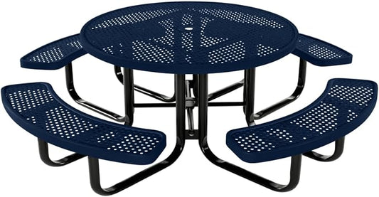 COATEDOUTDOORFURNITURE Heavy-Duty Portable Outdoor Kids Table with Umbrella Hole, Punched Steel Kids Picnic Table, Commercial-Grade, Made in America (46 in, Round, Childrens, Textured Dark Blue)