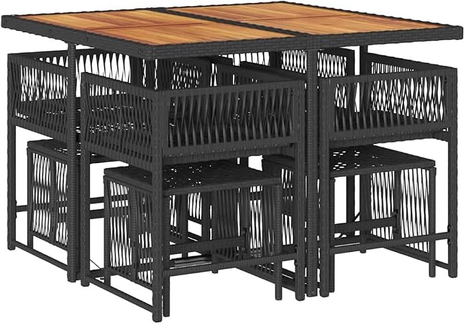9 Piece Garden Dining Set, Black PE Rattan Patio Furniture with Folding Table and Chairs, Outdoor Dining Chairs with Weather Resistant Cushions for Backyard, Deck, and Garden