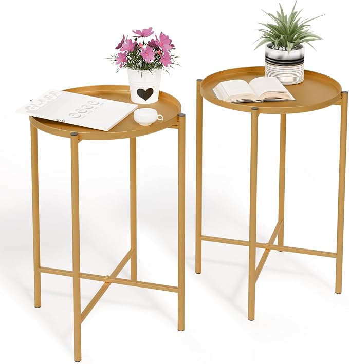 VINGLI Round Metal Side Table with Removable Tray, Outdoor Patio Coffee Table, Waterproof End Table for Small Spaces, Outdoor Patio, Living Room, Bedroom, Balcony (X-Brace & Non-Slip Pads) (2, Gold)