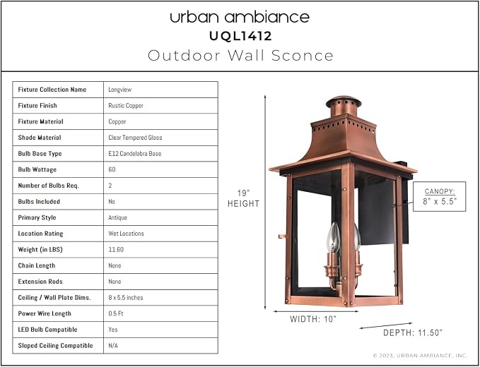 Luxury Antique Outdoor Wall Light, Medium Size: 19" H x 10" W, with French Country Style Elements, Rustic Copper Finish, UQL1412, Longview Collection