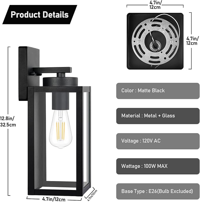 BesLowe Outdoor Wall Light Fixtures, Modern Black Exterior Wall Lanterns | Waterproof Metal Construction, Rust-resistant, Quick & Easy Installation, Clear Glass Shades & Standard E26 Socket