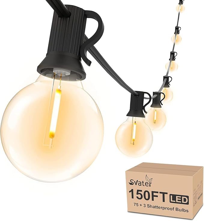Svater Outdoor String Lights 150 FT Waterproof Outside Patio Light 78 Bulbs | Shatterproof G40 LED Edison Bulbs, Plug-In, Dimmable, Connectable, Outside Light for Bistro Cafe Backyard Porch Party Decor