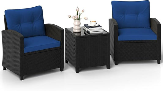 ORALNER 3 Pieces Patio Furniture Set, Wicker Conversation Set Outdoor Chairs with Cushions, Glass Coffee Table, Rattan Bistro Set for Front Porch Balcony Garden Deck Poolside (Navy)