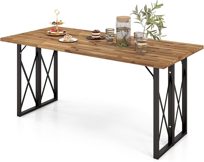 Tangkula 67 Inch Outdoor Dining Table, Acacia Wood Patio Table with 2 Inch Umbrella Hole, Heavy-Duty Metal Frame, Indoor Outdoor Picnic Table for 6