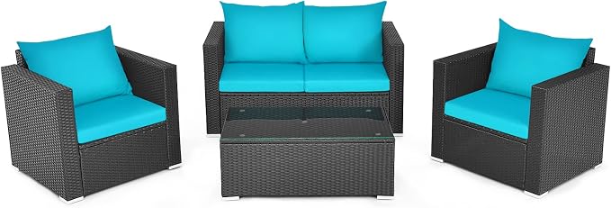 COSTWAY 4-Piece Patio Rattan Furniture Set, Cushioned Sofa Chair, Loveseat and Coffee Table with Tempered Glass Top, Outdoor Conversation Sets for Garden Poolside Balcony Porch (Turquoise)