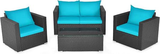 COSTWAY 4-Piece Patio Rattan Furniture Set, Cushioned Sofa Chair, Loveseat and Coffee Table with Tempered Glass Top, Outdoor Conversation Sets for Garden Poolside Balcony Porch (Turquoise)