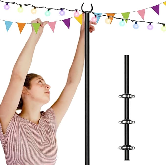 10ft String Light Pole for Deck Fence, Light Pole for Outdoor String Light, Perfect for Garden, Backyard, and Patio Lighting Stand for Parties, Wedding - Matte Black Finish - 1 Pack