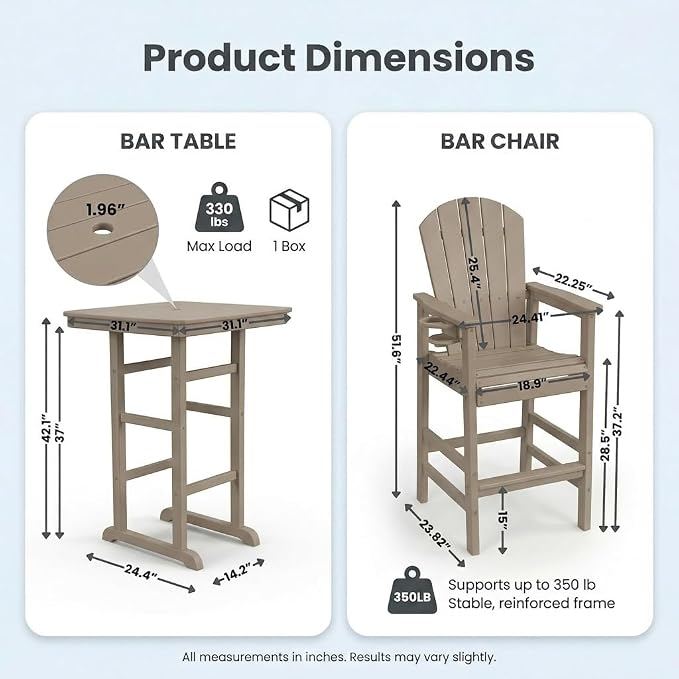 3-Piece HDPE Bar Height Table and Chairs Set, 42.1" Square High Top Pub Table with Umbrella Hole, 2 Adirondack Charis with Cup Holders, Outdoor Patio Dining Set for Bistro Backyard Deck Barnwood