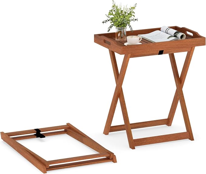 HAPPYGRILL Outdoor Wood Tray Table Folding Patio Side Table with Removable Top, Portable Bistro Table for Garden Backyard Balcony Poolside (1)