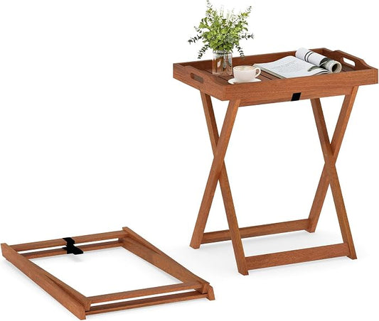 HAPPYGRILL Outdoor Wood Tray Table Folding Patio Side Table with Removable Top, Portable Bistro Table for Garden Backyard Balcony Poolside (1)