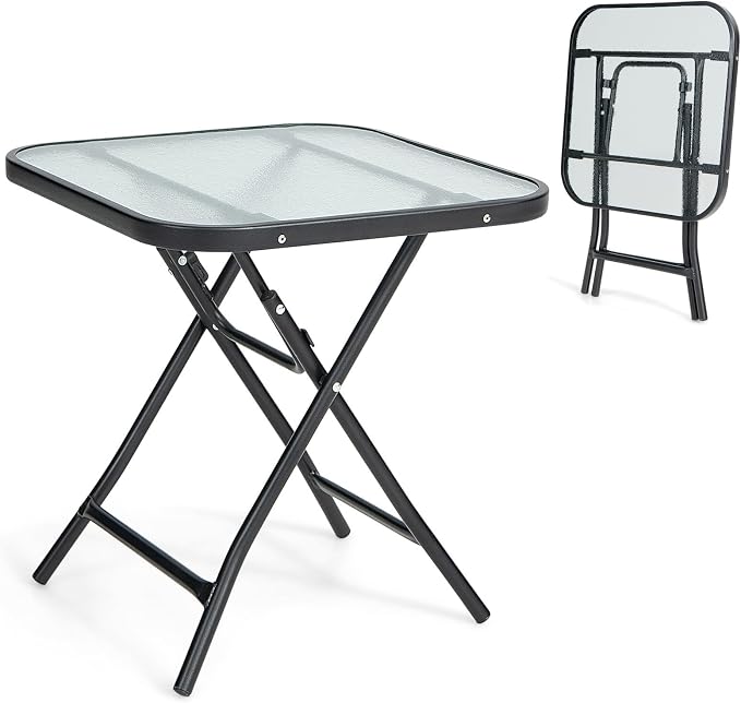LDAILY 18” Folding Outdoor Side Table, Square End Table with Tempered Glass Tabletop & Sturdy Steel Frame, Portable Patio Table for Balcony, Backyard, Poolside & Indoor Use, Black
