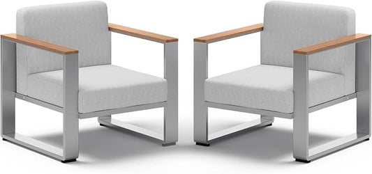 2 Pieces Outdoor Aluminum Armchair, Modern Patio Patio Furniture with Wide Seat and Thick Cushions, All-Weather Oversized Couch for Deck, Porch