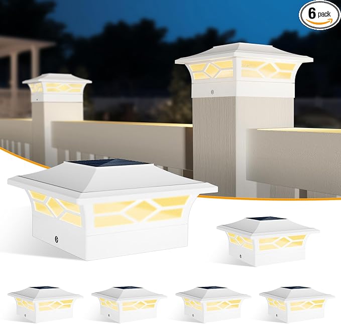 JOFIOS Solar Fence Post Lights 6pack, Cap Lights for 4x4/5x5 Vinyl Fence and 4x4/6x6 Wooden Post, Warm White/Cool White Lighting, White Solar Cap Outdoor Waterproof Decorate Garden Pathway Deck Patio