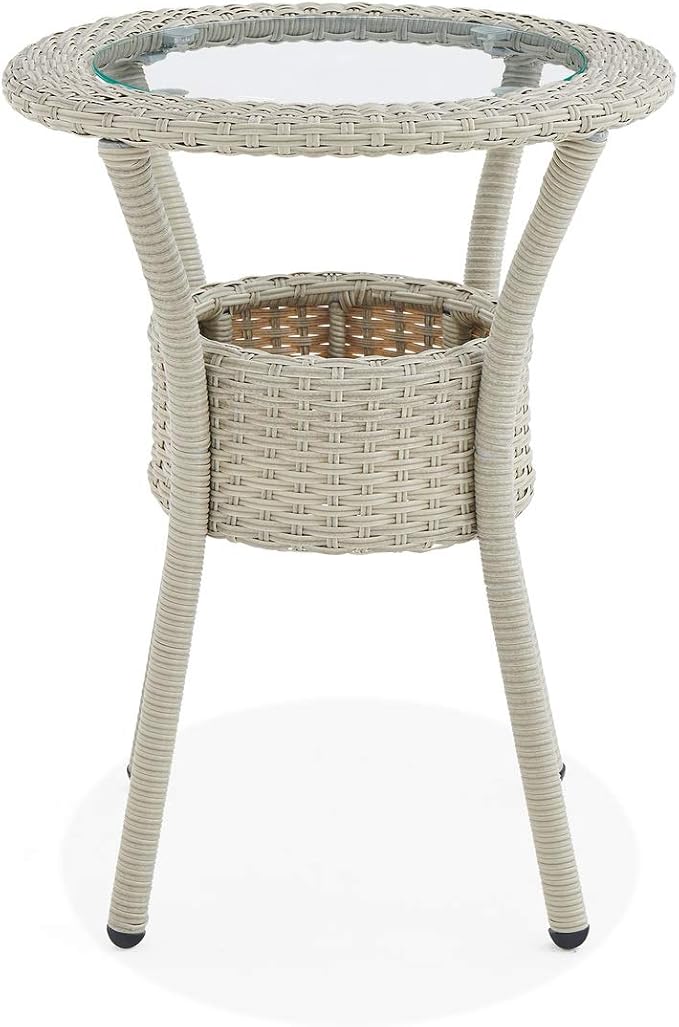 Modern and Weatherproof Haven All-Weather Wicker Outdoor Round Glass-Top Accent Table with Storage - Outdoor Furniture Patio Set & Metal - 20 in. W x 20 in. D x 26 in. H