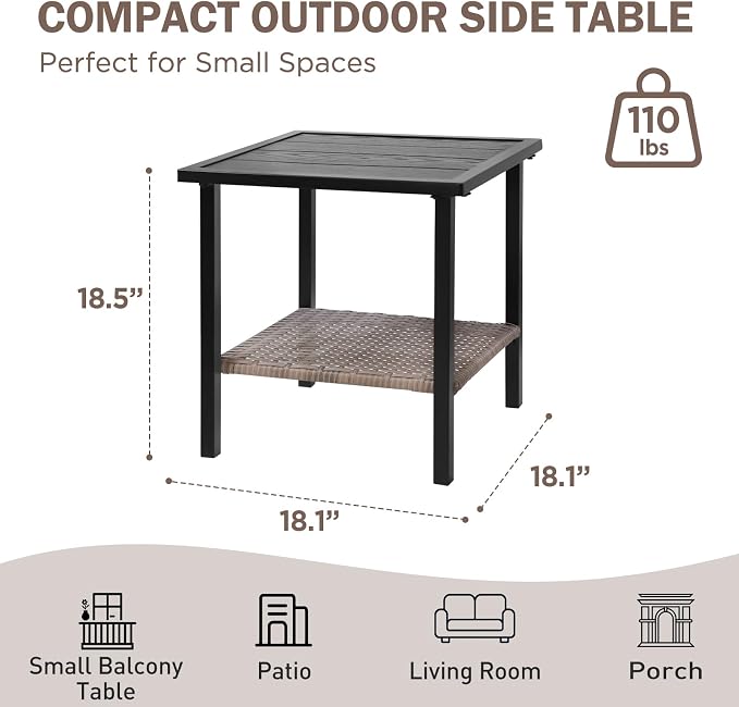 EAGLE PEAK Mojave Dusk Patio Side Table with Wood Grain Top and Wicker Shelf, Durable Weather-Resistant Outdoor Table for Balcony, Porch, Deck, or Garden, Small