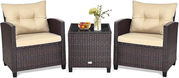 HOMGX 3 Pieces PE Rattan Wicker Patio Sofa Chairs, Outdoor Furniture Conversation Sets with Washable Cushion & Glass Table, Rattan Sofa Set for Balcony, Porch, Yard, Backyard, Lawn, (Mix Brown)