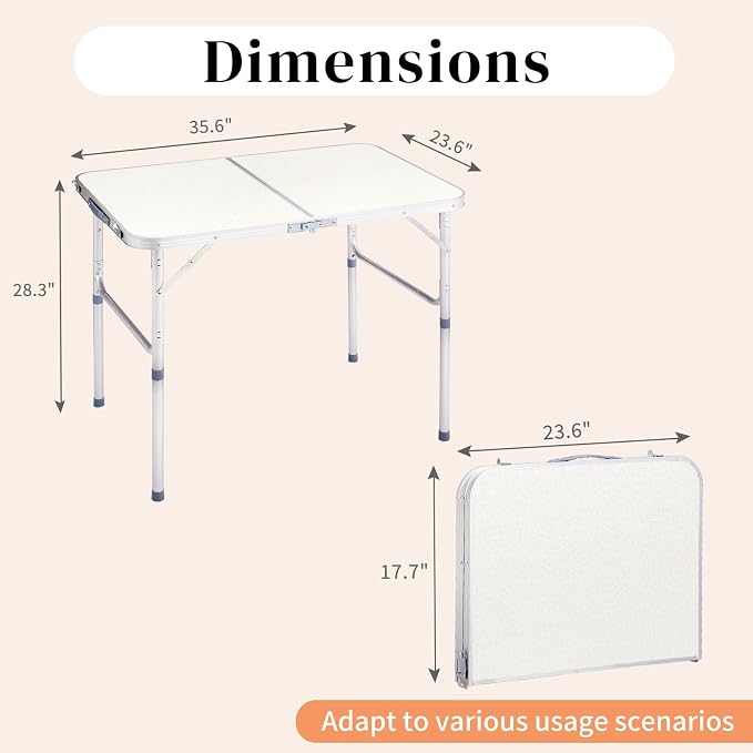 Road Ahead Aluminum Folding Camping Table,3ft Portable Folding Outdoor Table, Lightweight Table, with Carry Handle ，for Beach, BBQ,，Party，Camp Kitchen