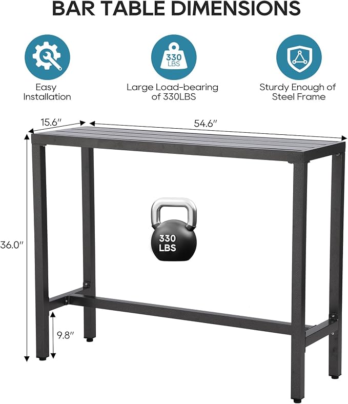 Outdoor Bar Table, Patio Console Pub Height Tables with Powder Coated Steel Frame, Weather Resistant Waterproof Top for Hot Tub, Balcony, Garden, Yard, Poolside (Grey, 55" Bar Table)