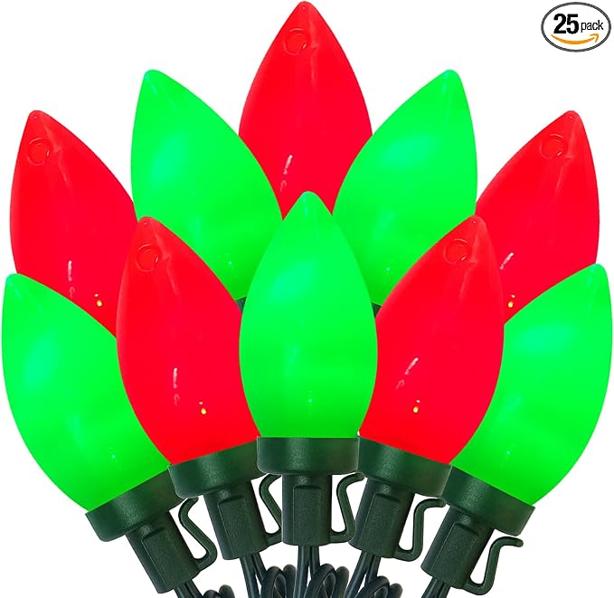 C9 Red and Green Chistmas Lights Outdoor, 25Ft Vintage Christmas Light 25 LED Red Green Bulb Lights Plug-in for Xmas Tree Party Christmas Valentines St. Patrick's Decor